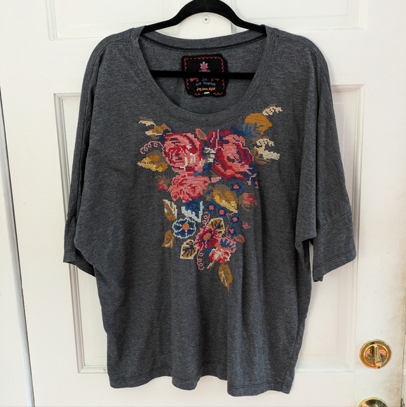 Johnny Was Tops - Johnny Was Floral Embroidered Gray Top